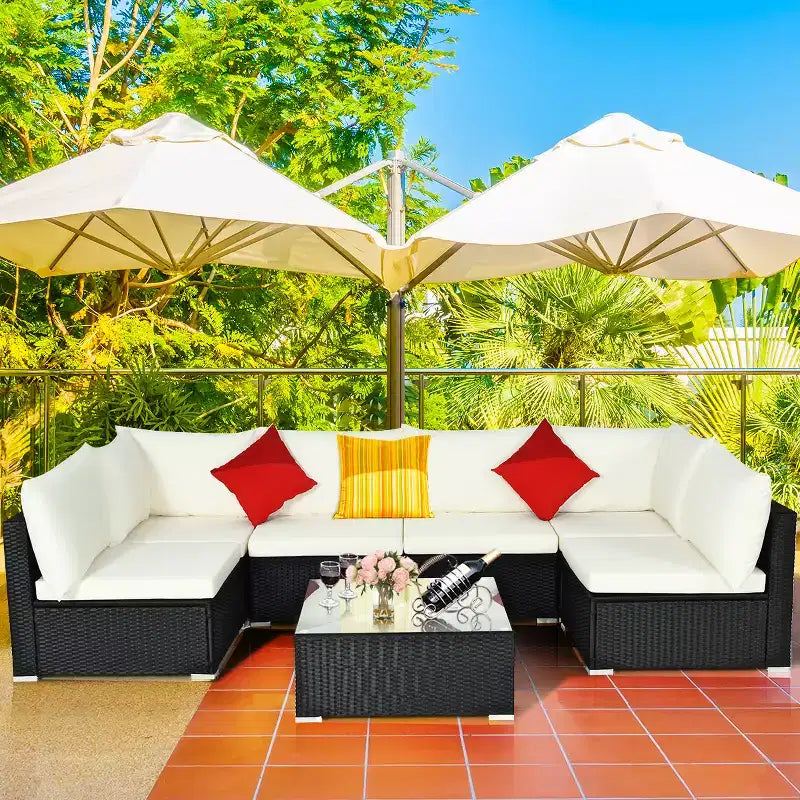 Costway 7PCS Patio Rattan Furniture Set Sectional Sofa Cushioned Glass Table Steel Frame