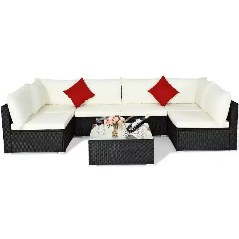 Costway Juego de Muebles de Ratán para Patio de 7 Piezas, Sofá Seccional Acolchado, Mesa de Cristal, Estructura de Acero