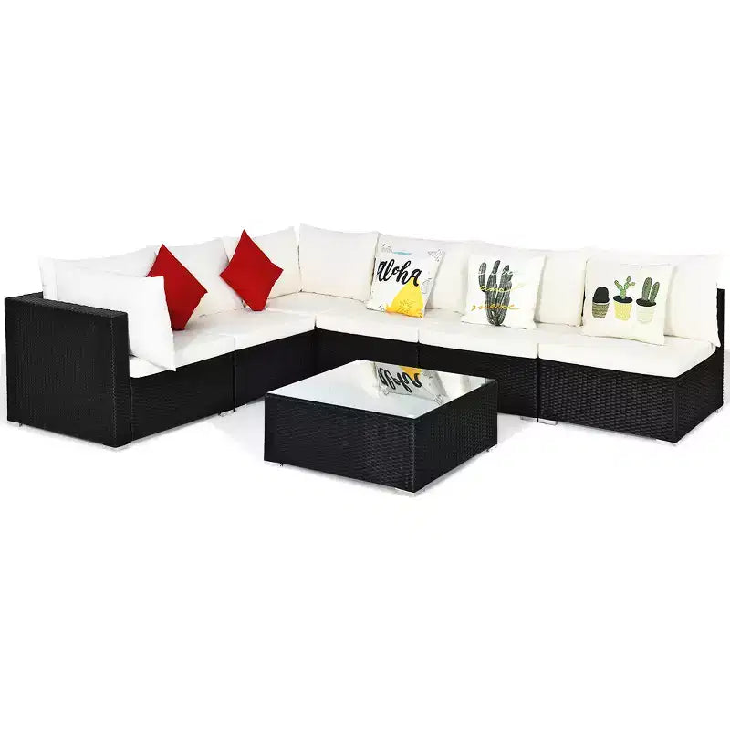 Costway Juego de Muebles de Ratán para Patio de 7 Piezas, Sofá Seccional Acolchado, Mesa de Cristal, Estructura de Acero