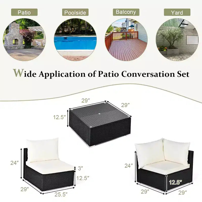 Costway Juego de Muebles de Ratán para Patio de 7 Piezas, Sofá Seccional Acolchado, Mesa de Cristal, Estructura de Acero