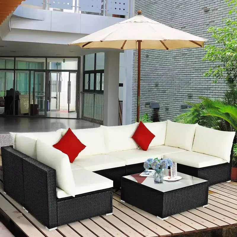 Costway Juego de Muebles de Ratán para Patio de 7 Piezas, Sofá Seccional Acolchado, Mesa de Cristal, Estructura de Acero