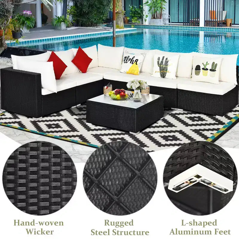 Costway Juego de Muebles de Ratán para Patio de 7 Piezas, Sofá Seccional Acolchado, Mesa de Cristal, Estructura de Acero