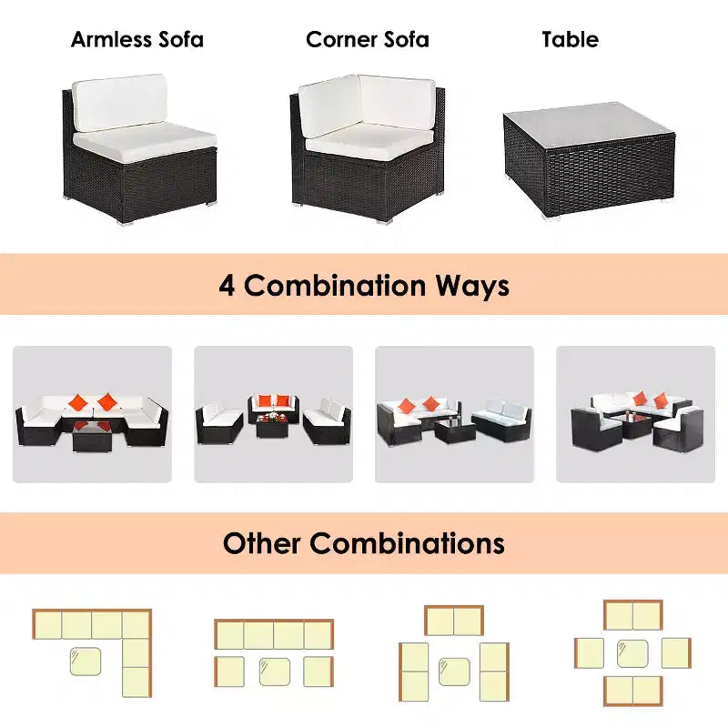 Costway Juego de Muebles de Ratán para Patio de 7 Piezas, Sofá Seccional Acolchado, Mesa de Cristal, Estructura de Acero