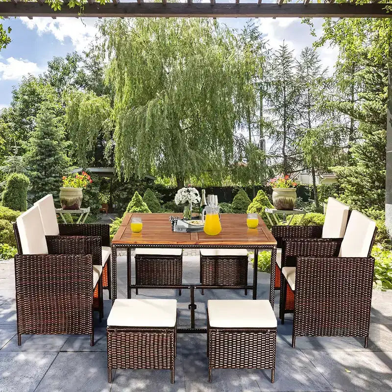 Costway 9PCS Acacia Wood Patio Rattan Dining Set Cushioned Chairs Ottoman