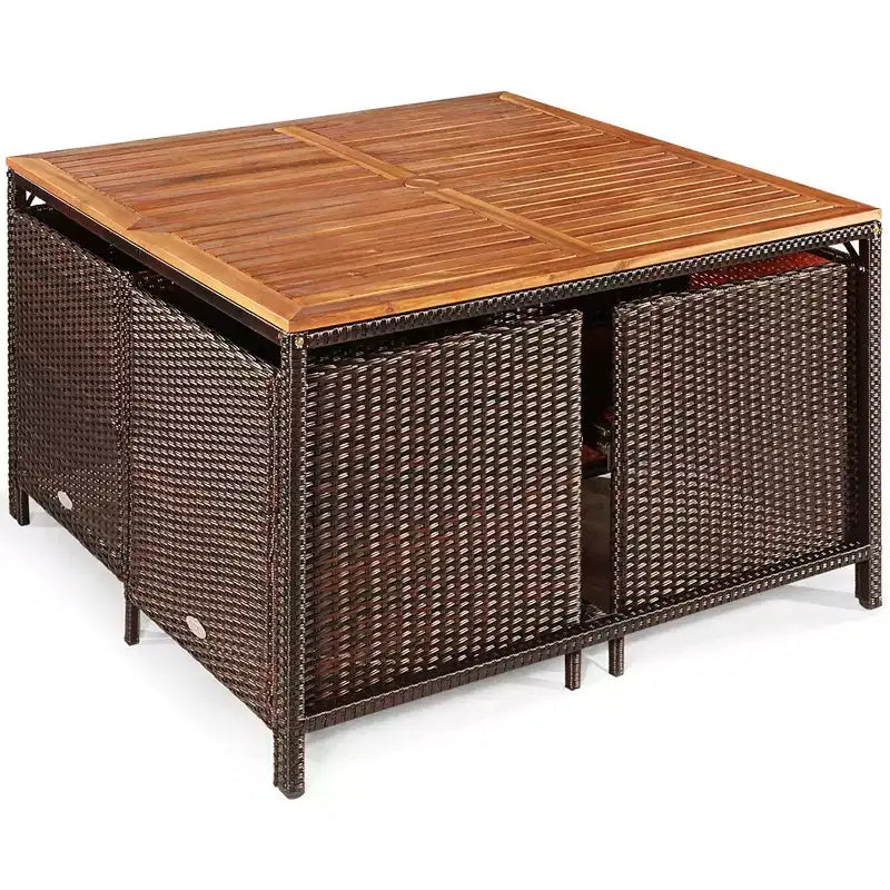 Juego de comedor de patio de ratán de madera de acacia Costway de 9 piezas con sillas acolchadas y otomanas