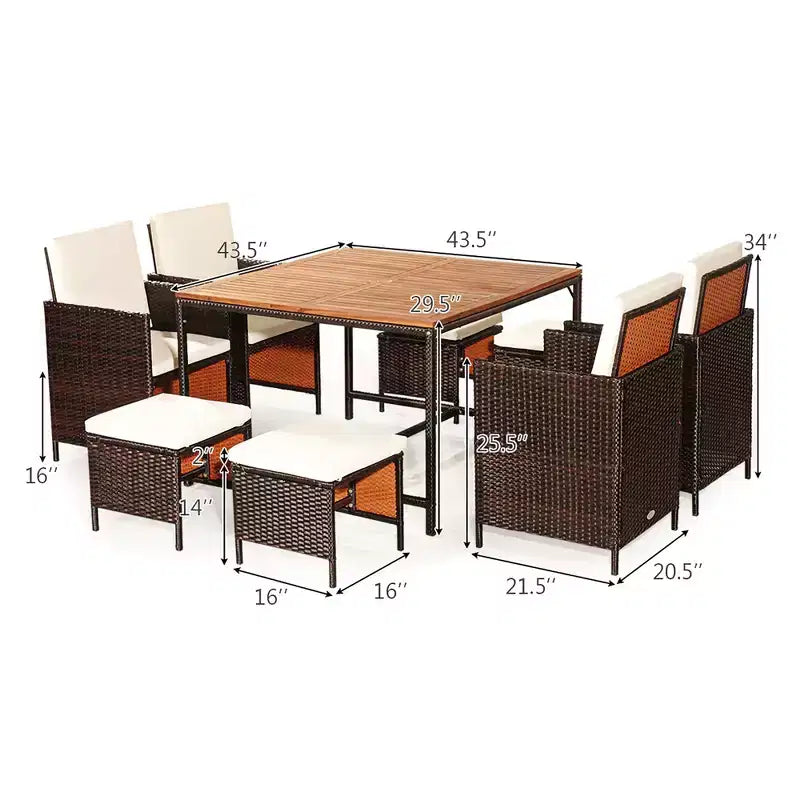 Juego de comedor de patio de ratán de madera de acacia Costway de 9 piezas con sillas acolchadas y otomanas