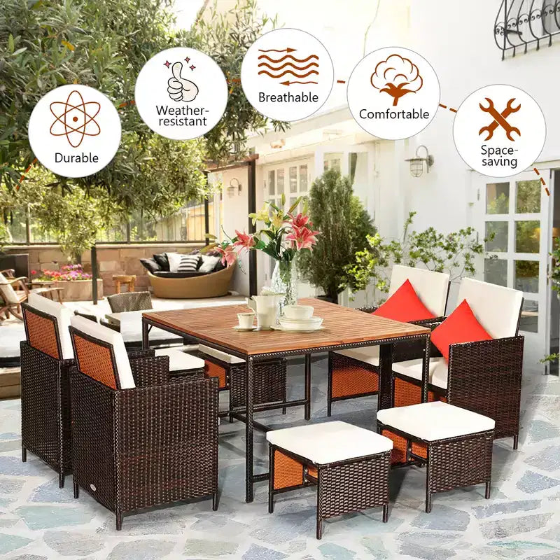Juego de comedor de patio de ratán de madera de acacia Costway de 9 piezas con sillas acolchadas y otomanas
