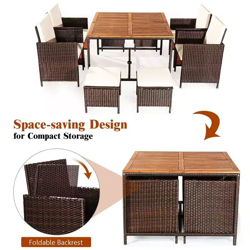 Juego de comedor de patio de ratán de madera de acacia Costway de 9 piezas con sillas acolchadas y otomanas