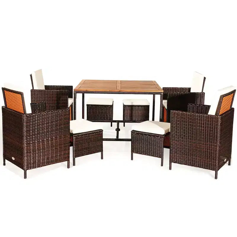Juego de comedor de patio de ratán de madera de acacia Costway de 9 piezas con sillas acolchadas y otomanas