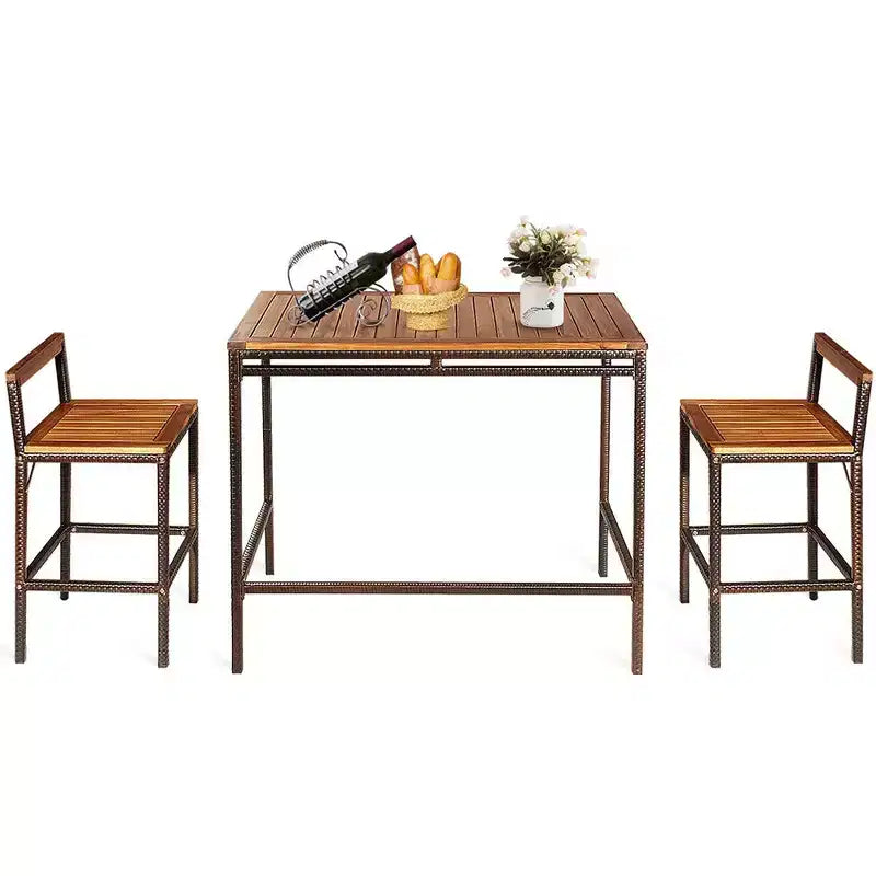 Costway Juego de 3 piezas de mesa y silla de bar de ratán de mimbre para patio exterior