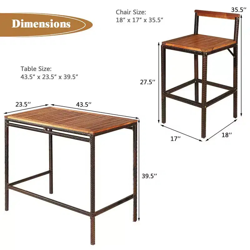 Costway Juego de 3 piezas de mesa y silla de bar de ratán de mimbre para patio exterior