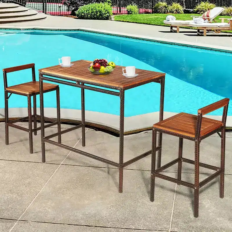 Costway Juego de 3 piezas de mesa y silla de bar de ratán de mimbre para patio exterior