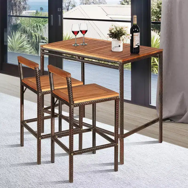 Costway Juego de 3 piezas de mesa y silla de bar de ratán de mimbre para patio exterior