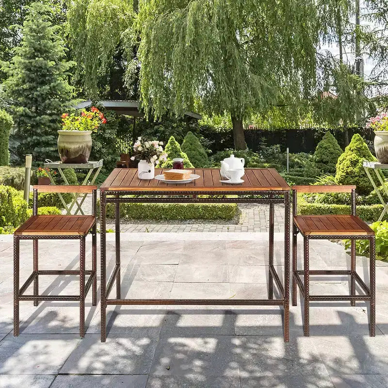 Costway Juego de 3 piezas de mesa y silla de bar de ratán de mimbre para patio exterior