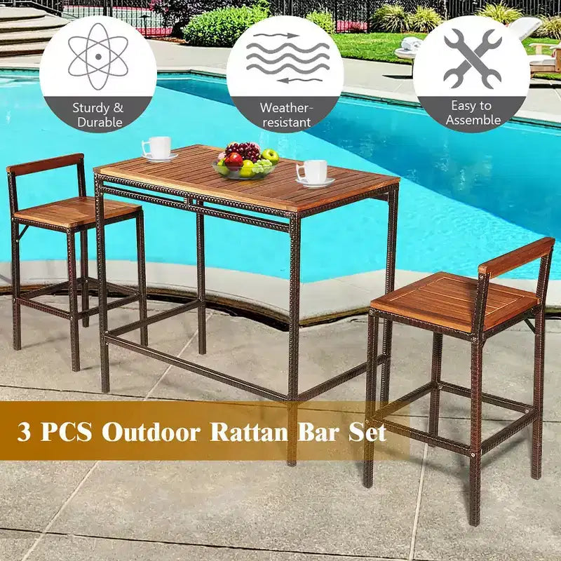 Costway Juego de 3 piezas de mesa y silla de bar de ratán de mimbre para patio exterior