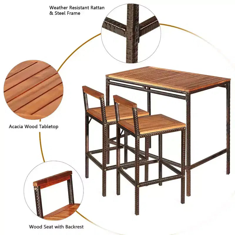 Costway Juego de 3 piezas de mesa y silla de bar de ratán de mimbre para patio exterior