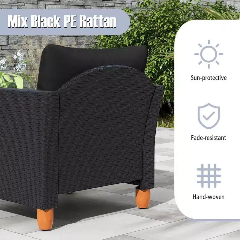 Costway 3 PCS Outdoor Patio Rattan Bistro Furniture Set Wooden Table Top Cushioned Sofa Black Brown