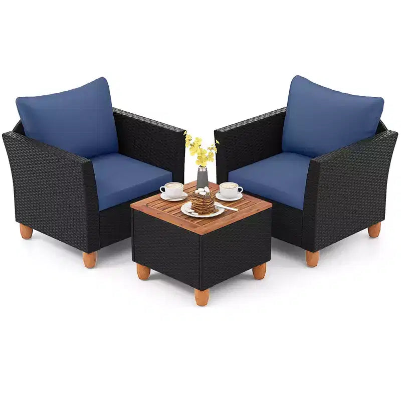 Costway 3 PCS Outdoor Patio Rattan Bistro Furniture Set Wooden Table Top Cushioned Sofa Black Brown