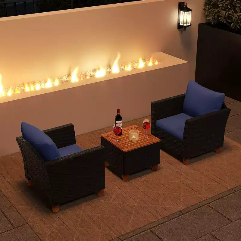 Costway 3 PCS Outdoor Patio Rattan Bistro Furniture Set Wooden Table Top Cushioned Sofa Black Brown