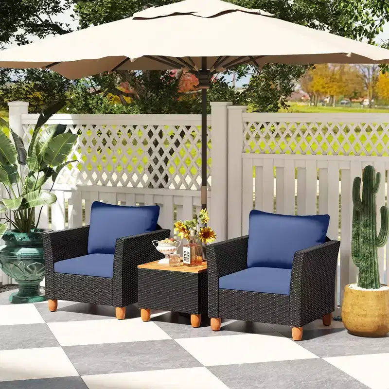Costway 3 PCS Outdoor Patio Rattan Bistro Furniture Set Wooden Table Top Cushioned Sofa Black Brown