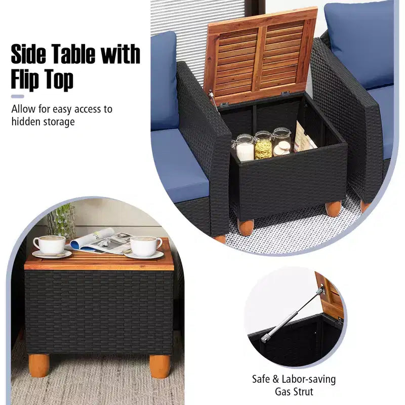 Costway 3 PCS Outdoor Patio Rattan Bistro Furniture Set Wooden Table Top Cushioned Sofa Black Brown