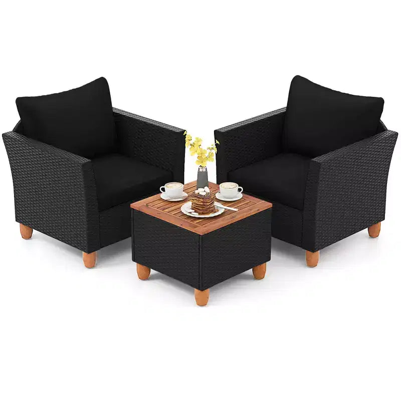 Costway 3 PCS Outdoor Patio Rattan Bistro Furniture Set Wooden Table Top Cushioned Sofa Black Brown