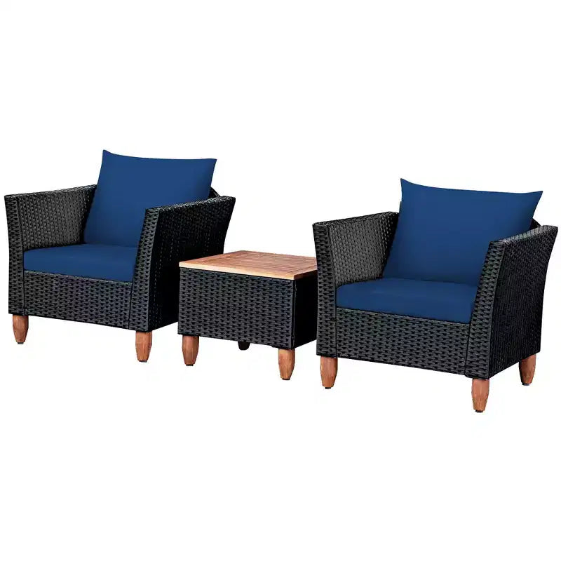 Costway 3 PCS Outdoor Patio Rattan Bistro Furniture Set Wooden Table Top Cushioned Sofa Black Brown