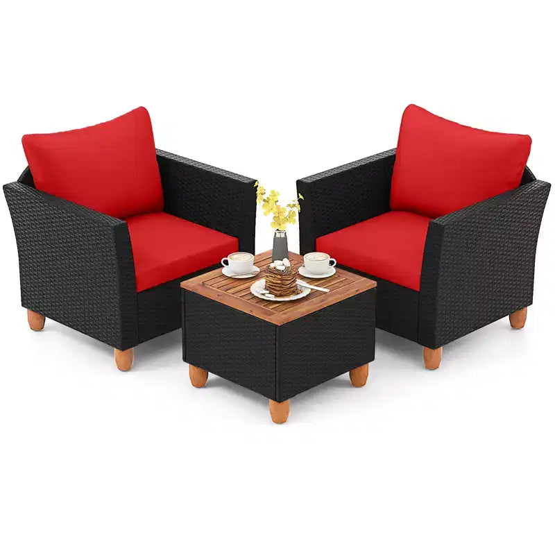 Costway 3 PCS Outdoor Patio Rattan Bistro Furniture Set Wooden Table Top Cushioned Sofa Black Brown