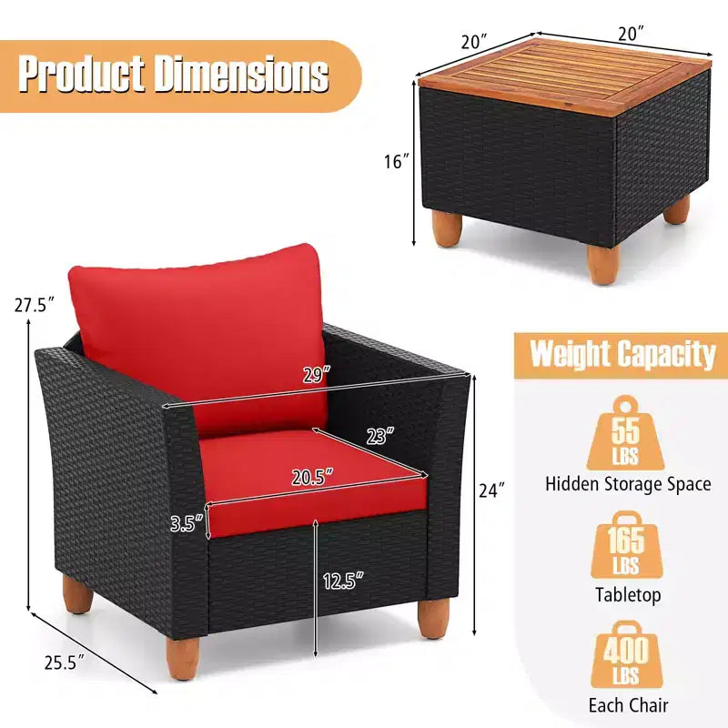 Costway 3 PCS Outdoor Patio Rattan Bistro Furniture Set Wooden Table Top Cushioned Sofa Black Brown