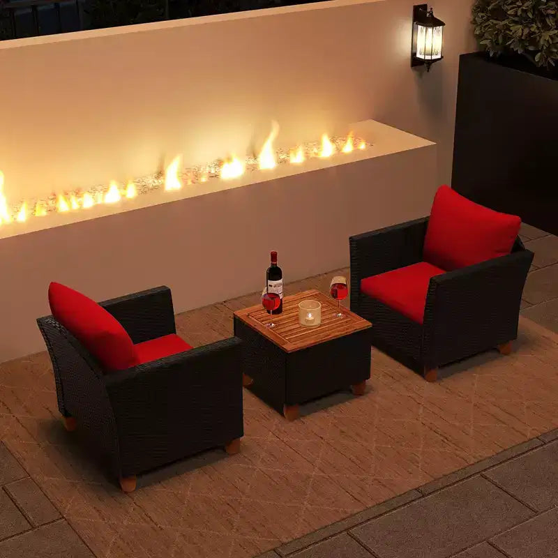 Costway 3 PCS Outdoor Patio Rattan Bistro Furniture Set Wooden Table Top Cushioned Sofa Black Brown