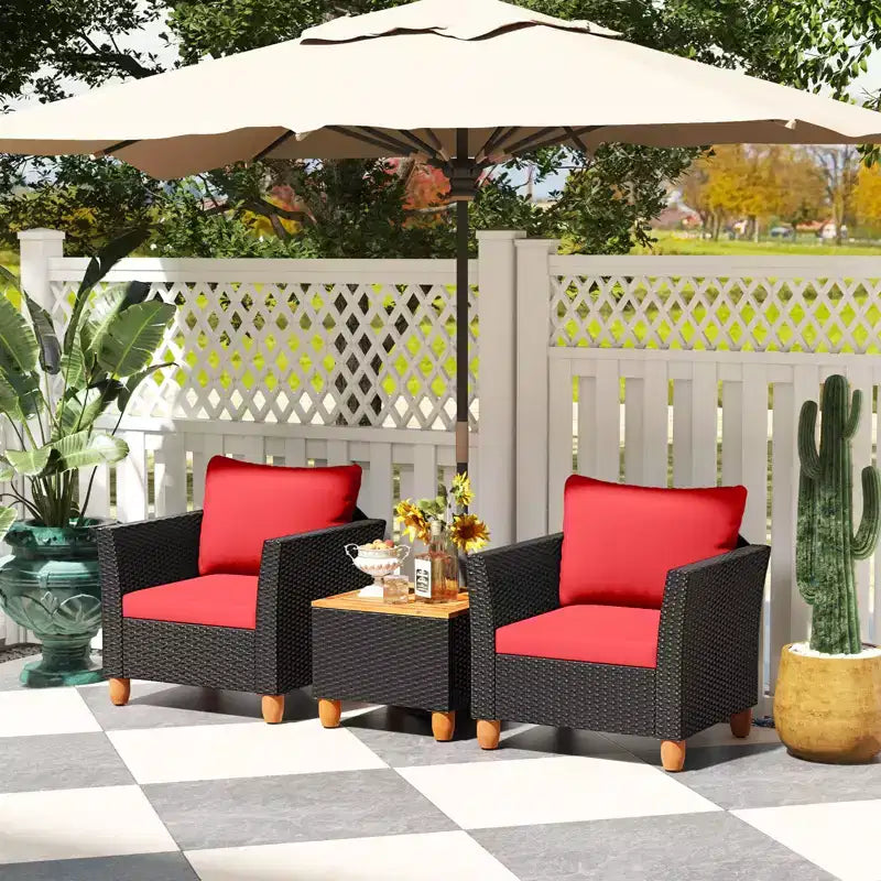 Costway 3 PCS Outdoor Patio Rattan Bistro Furniture Set Wooden Table Top Cushioned Sofa Black Brown