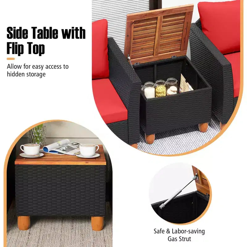 Costway 3 PCS Outdoor Patio Rattan Bistro Furniture Set Wooden Table Top Cushioned Sofa Black Brown