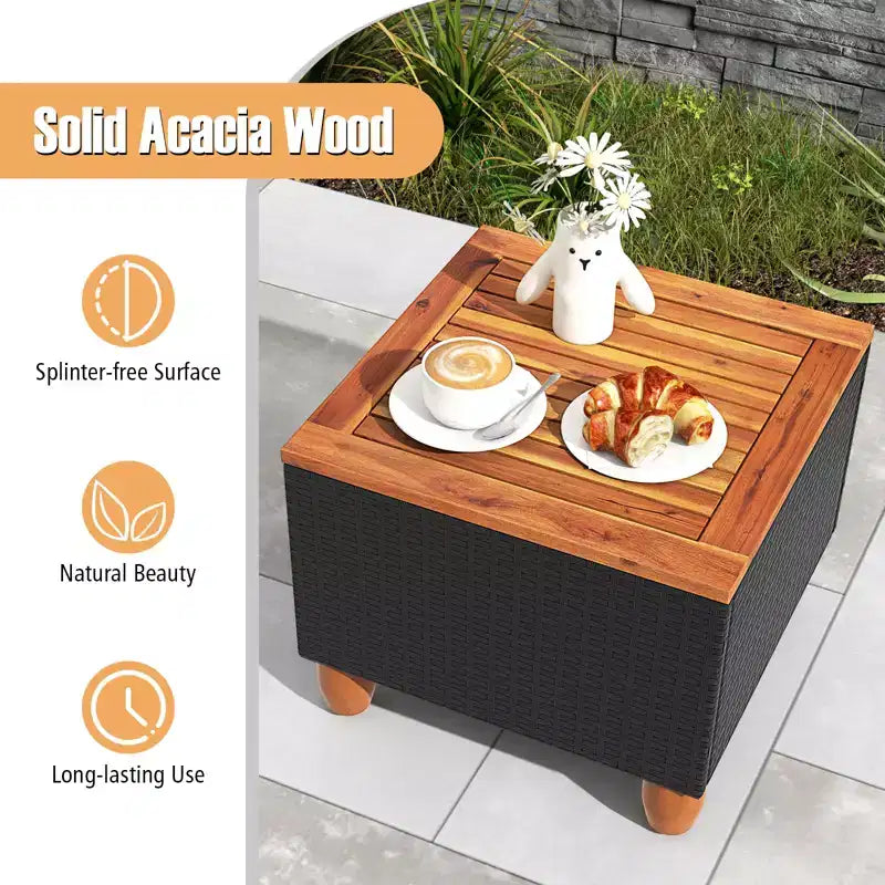 Costway 3 PCS Outdoor Patio Rattan Bistro Furniture Set Wooden Table Top Cushioned Sofa Black Brown