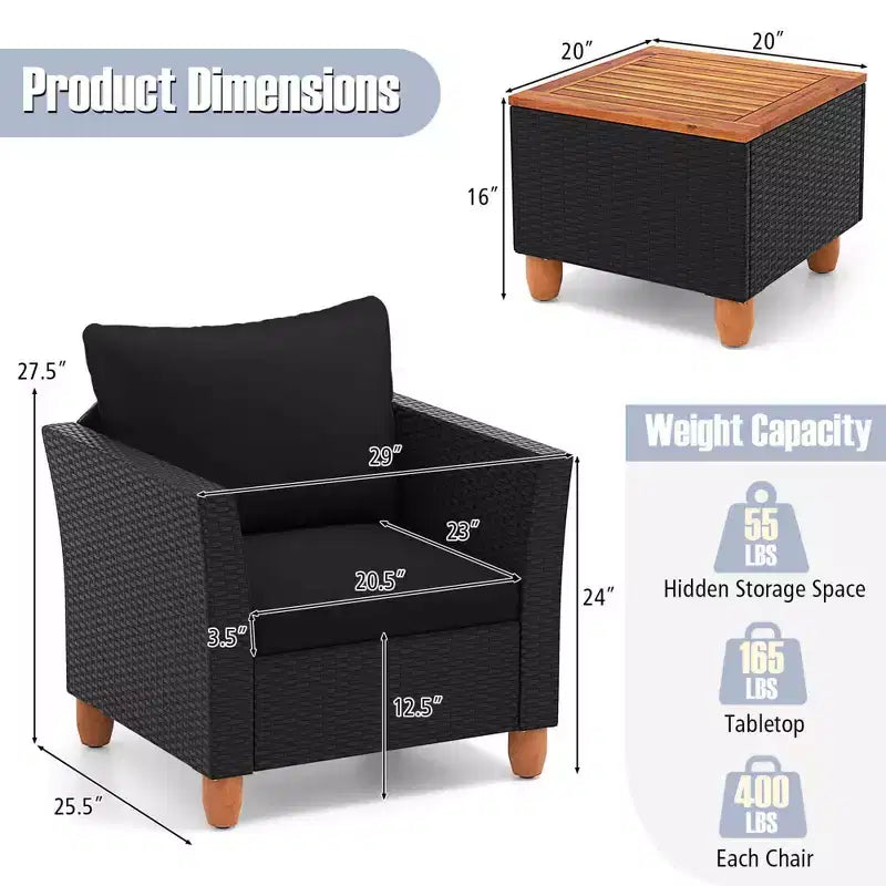 Costway 3 PCS Outdoor Patio Rattan Bistro Furniture Set Wooden Table Top Cushioned Sofa Black Brown