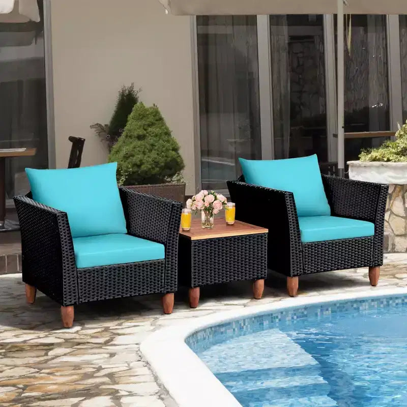 Costway 3 PCS Outdoor Patio Rattan Bistro Furniture Set Wooden Table Top Cushioned Sofa Black Brown