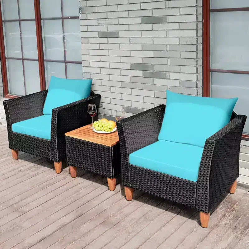 Costway 3 PCS Outdoor Patio Rattan Bistro Furniture Set Wooden Table Top Cushioned Sofa Black Brown