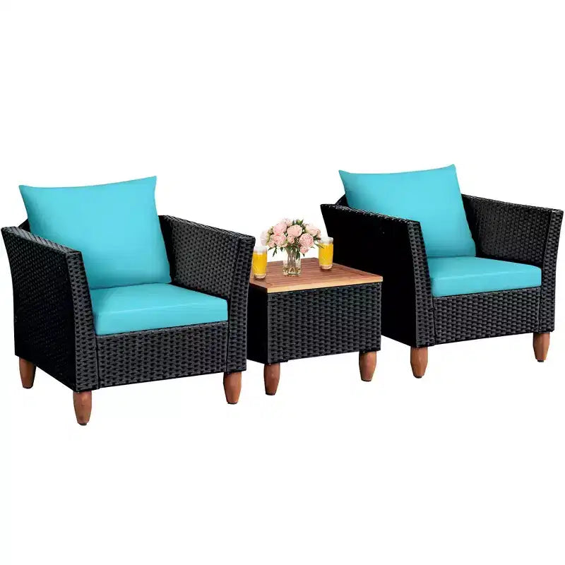 Costway 3 PCS Outdoor Patio Rattan Bistro Furniture Set Wooden Table Top Cushioned Sofa Black Brown