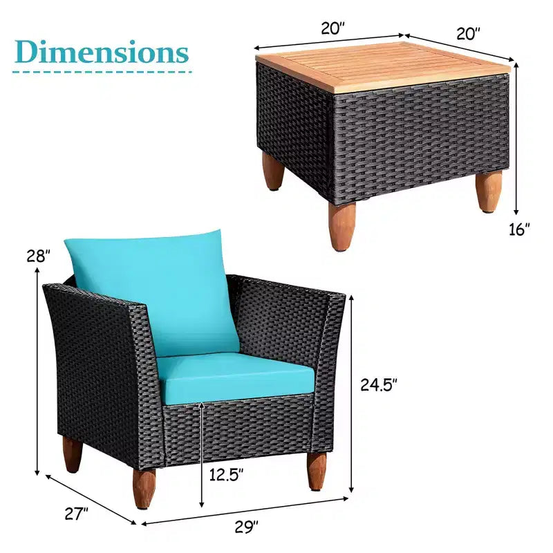 Costway 3 PCS Outdoor Patio Rattan Bistro Furniture Set Wooden Table Top Cushioned Sofa Black Brown