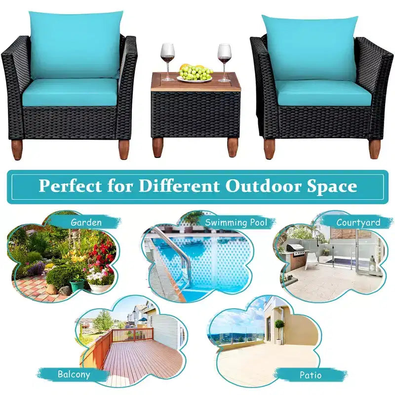 Costway 3 PCS Outdoor Patio Rattan Bistro Furniture Set Wooden Table Top Cushioned Sofa Black Brown