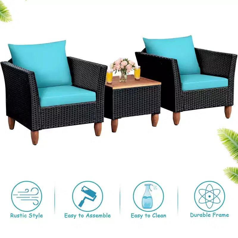 Costway 3 PCS Outdoor Patio Rattan Bistro Furniture Set Wooden Table Top Cushioned Sofa Black Brown