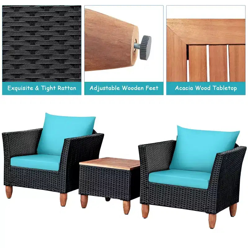 Costway 3 PCS Outdoor Patio Rattan Bistro Furniture Set Wooden Table Top Cushioned Sofa Black Brown