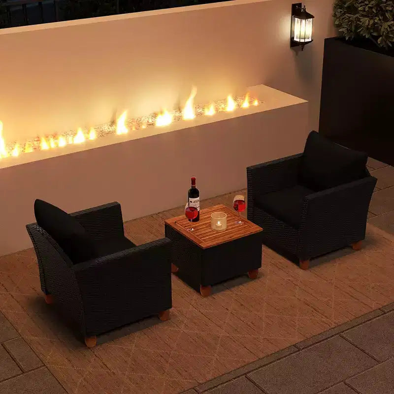 Costway 3 PCS Outdoor Patio Rattan Bistro Furniture Set Wooden Table Top Cushioned Sofa Black Brown