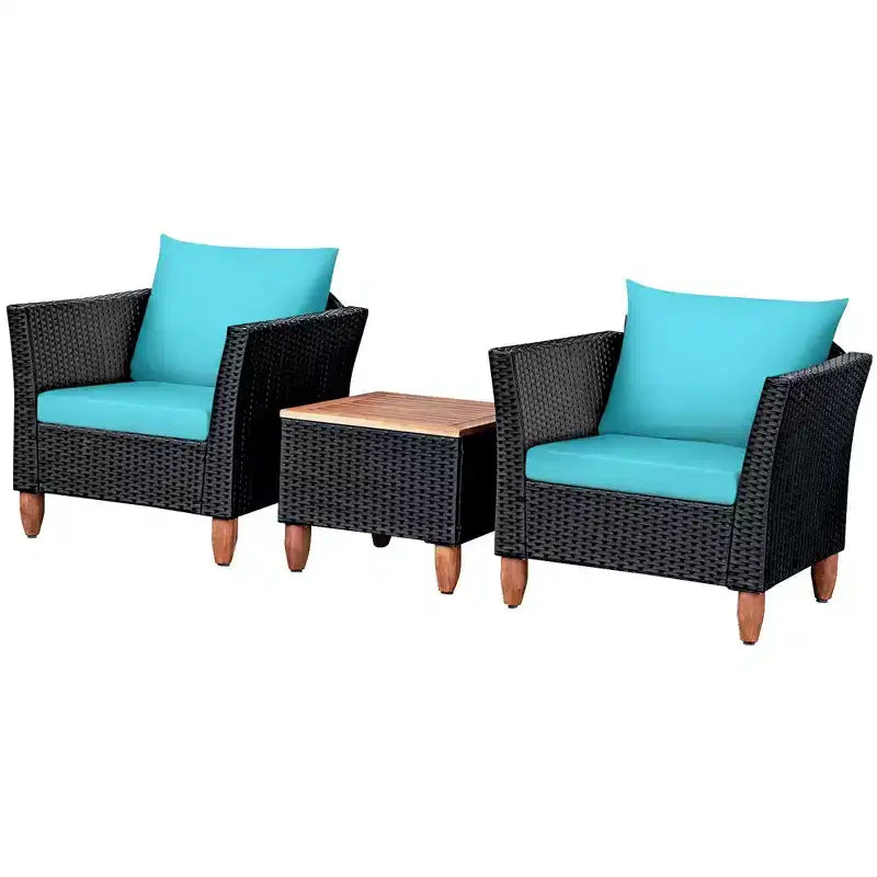 Costway 3 PCS Outdoor Patio Rattan Bistro Furniture Set Wooden Table Top Cushioned Sofa Black Brown