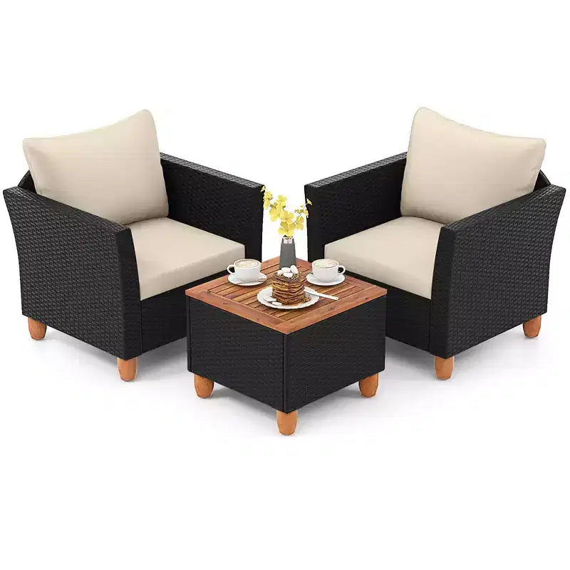 Costway 3 PCS Outdoor Patio Rattan Bistro Furniture Set Wooden Table Top Cushioned Sofa Black Brown