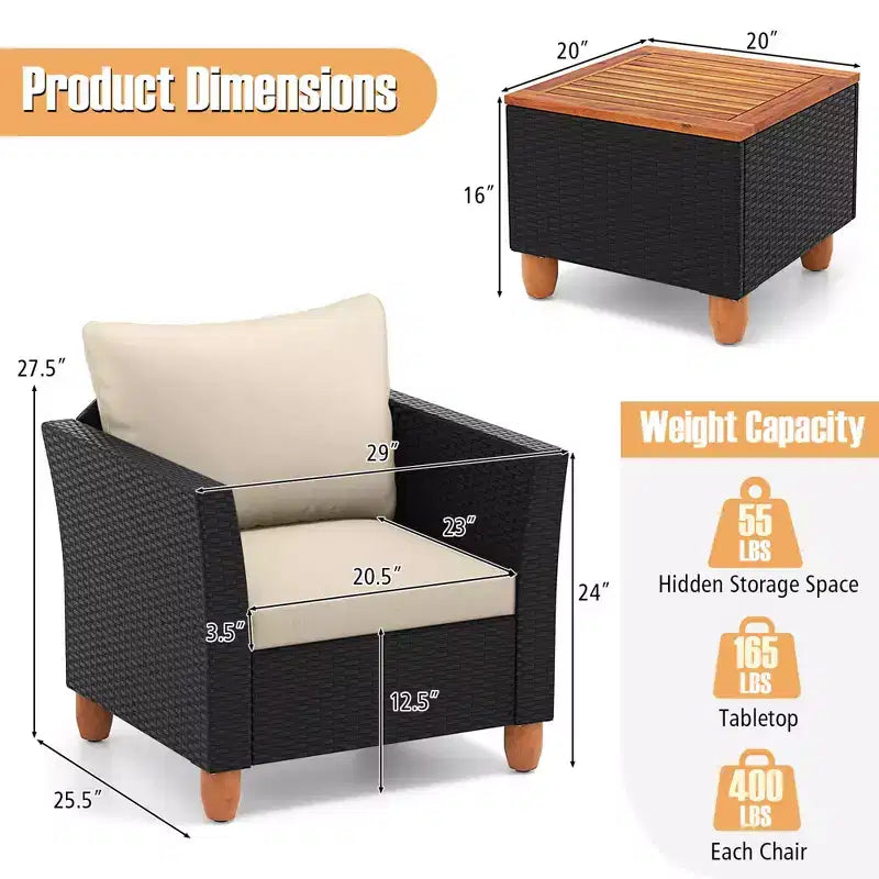 Costway 3 PCS Outdoor Patio Rattan Bistro Furniture Set Wooden Table Top Cushioned Sofa Black Brown
