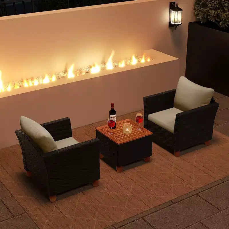 Costway 3 PCS Outdoor Patio Rattan Bistro Furniture Set Wooden Table Top Cushioned Sofa Black Brown
