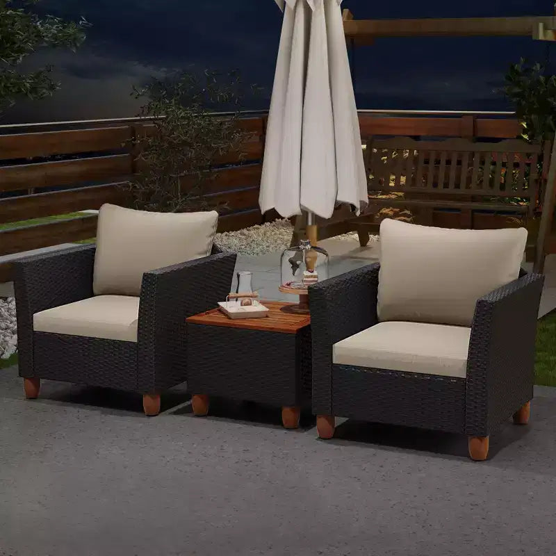 Costway 3 PCS Outdoor Patio Rattan Bistro Furniture Set Wooden Table Top Cushioned Sofa Black Brown