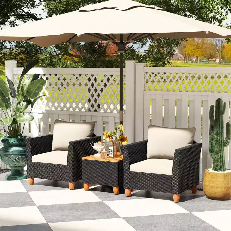 Costway 3 PCS Outdoor Patio Rattan Bistro Furniture Set Wooden Table Top Cushioned Sofa Black Brown
