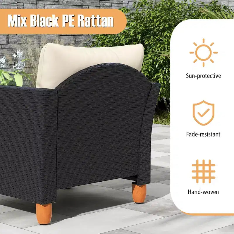 Costway 3 PCS Outdoor Patio Rattan Bistro Furniture Set Wooden Table Top Cushioned Sofa Black Brown