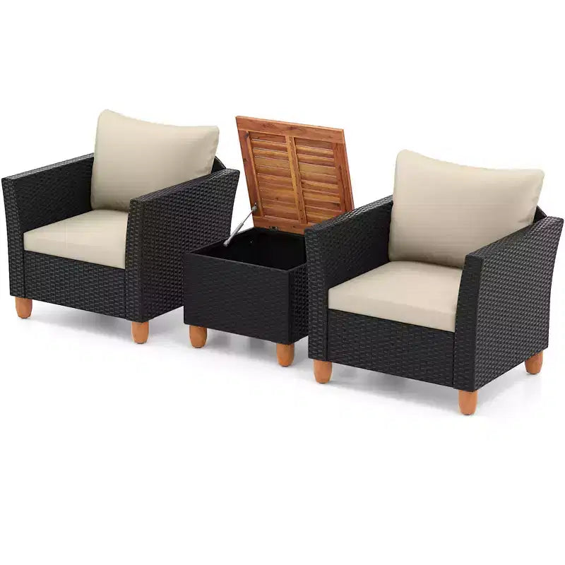 Costway 3 PCS Outdoor Patio Rattan Bistro Furniture Set Wooden Table Top Cushioned Sofa Black Brown